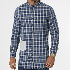 Budget ❤️ Chemise Manches Longues A Carreaux G1003 Bleu Marine Blanc de 2Y Premium 🎁